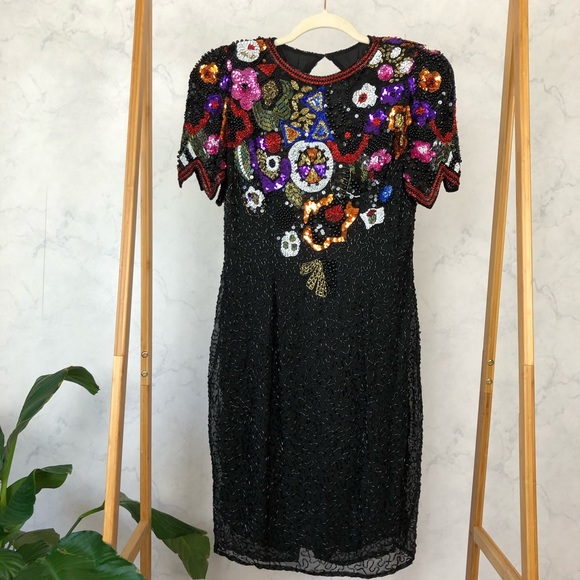 Vintage 80s Floral Sequin Formal Party Prom Dress - Picture 2 of 8